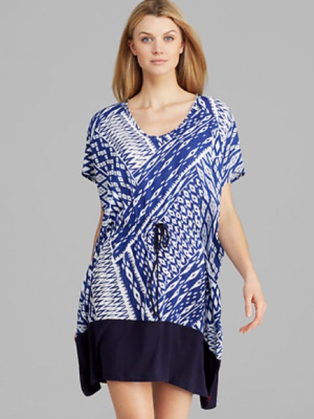 Josie Natori Women’s S Blue Ikat Slip Dress Blue & White Printed V-Neck Top